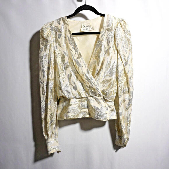 VTG Rimini I Magnin Gold Silver Wrap Top V Neck Glam Puff Sleeves Womens M Shiny - Picture 1 of 8